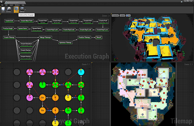 The Grid Flow editor building the same flow graph several times: the layout graph, tilemap and 3D preview change on every build