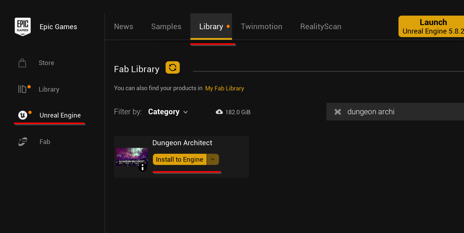 The Epic Games Launcher on Unreal Engine, Library, with Dungeon Architect found in the Fab Library and its Install to Engine button highlighted