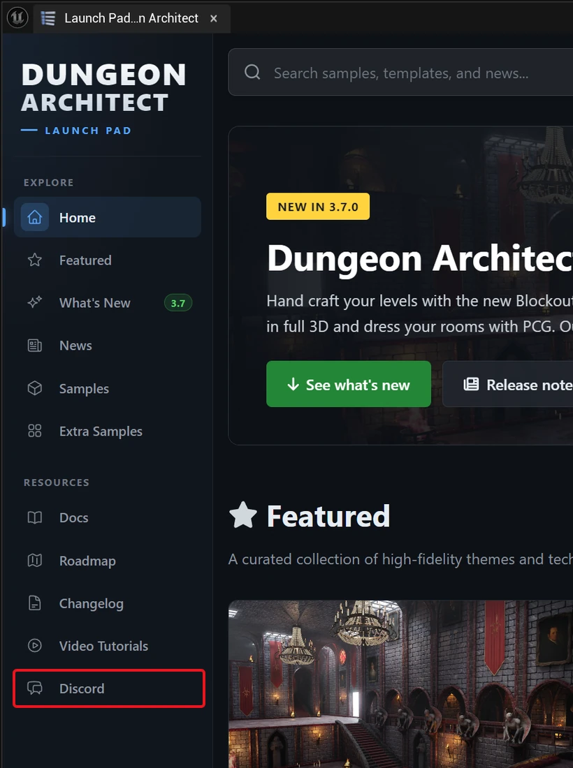 The Launch Pad with the Discord link highlighted at the bottom of the left bar