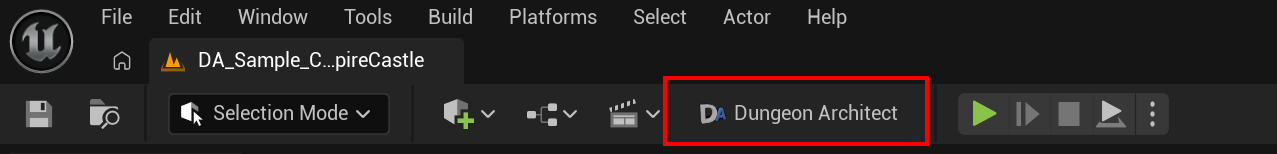 The level editor toolbar with the Dungeon Architect button highlighted, next to the play buttons