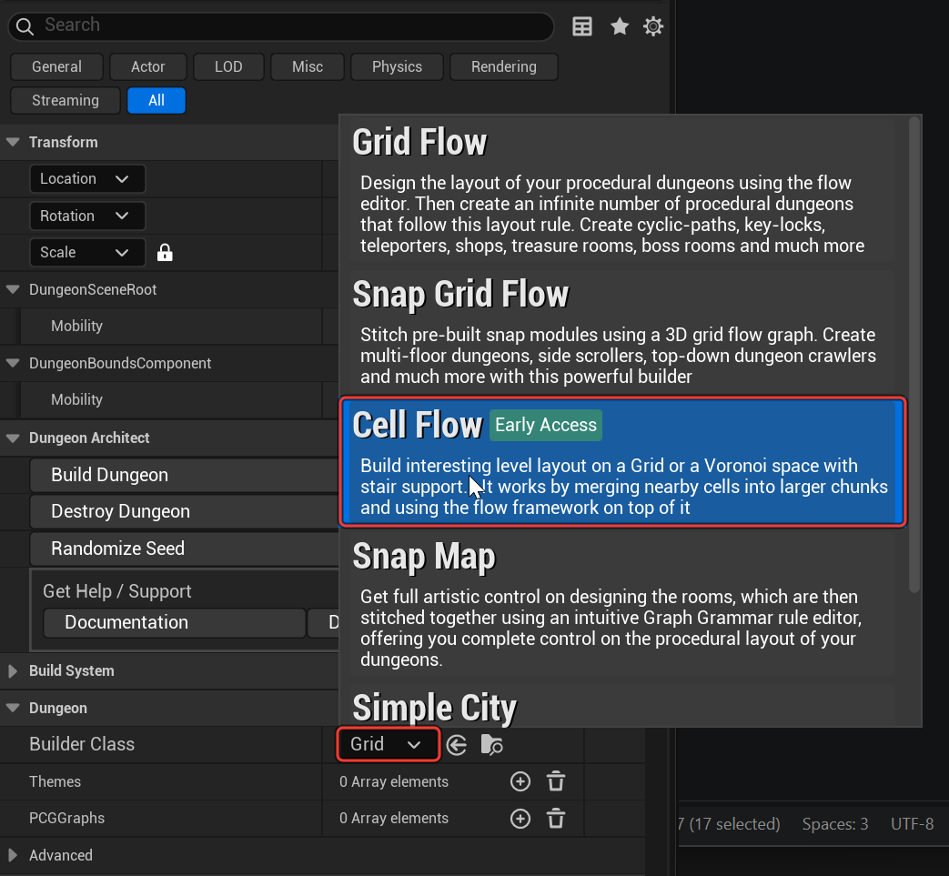 The Builder Class dropdown open, with Cell Flow highlighted