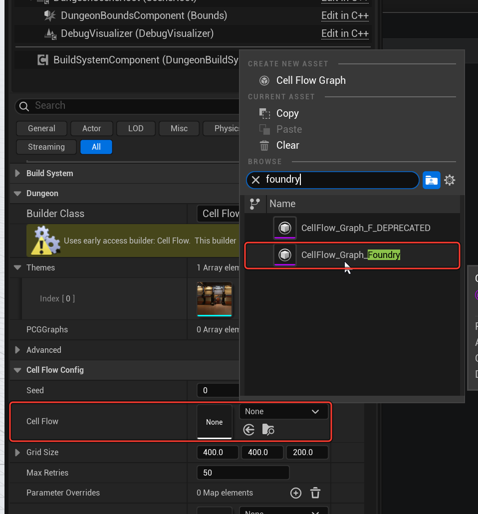 The Cell Flow graph picker filtered to foundry, with CellFlow_Graph_Foundry highlighted