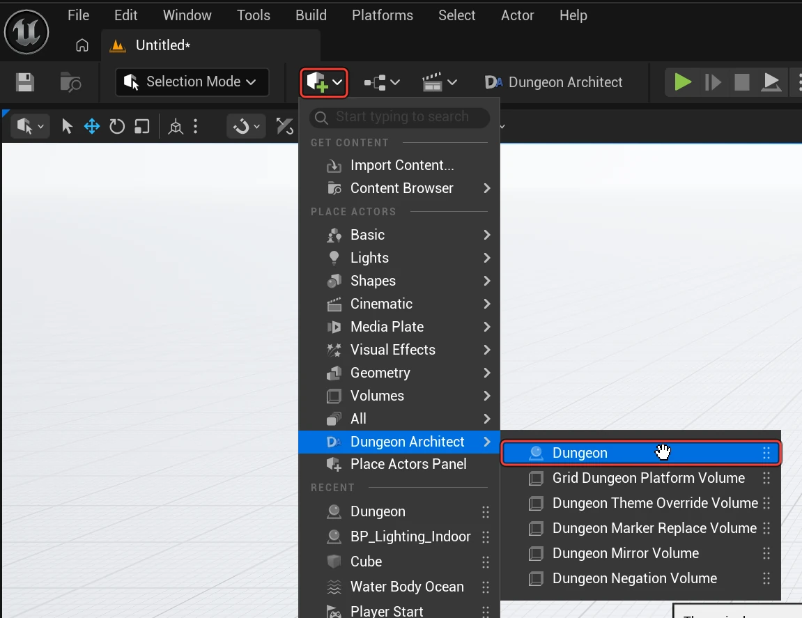 The Add menu open at Dungeon Architect, with the Dungeon actor highlighted