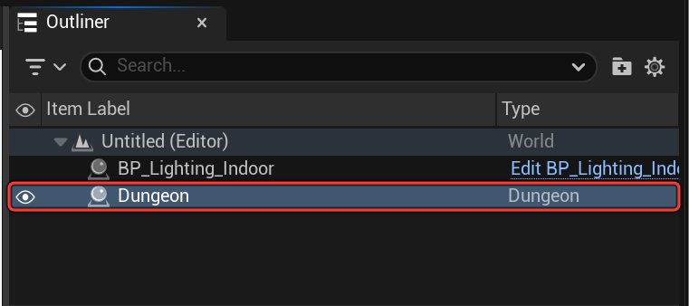 The Dungeon actor selected in the Outliner