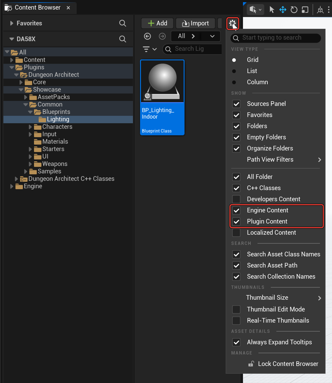 Content Browser settings with Engine Content and Plugin Content ticked