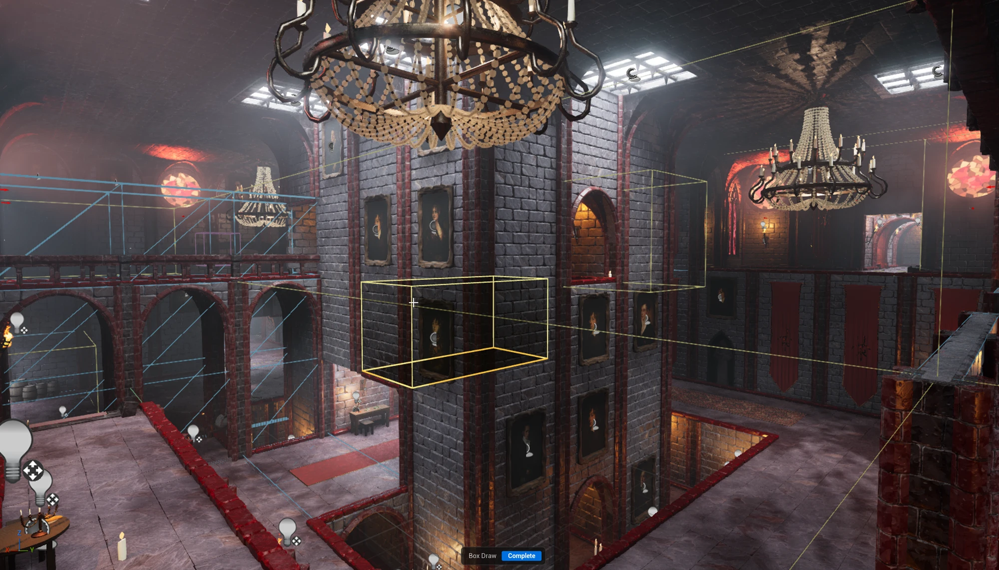 A Gothic Vampire Castle hall being designed with the Blockout Designer: the Box Draw tool is active and its outlines show over the themed room