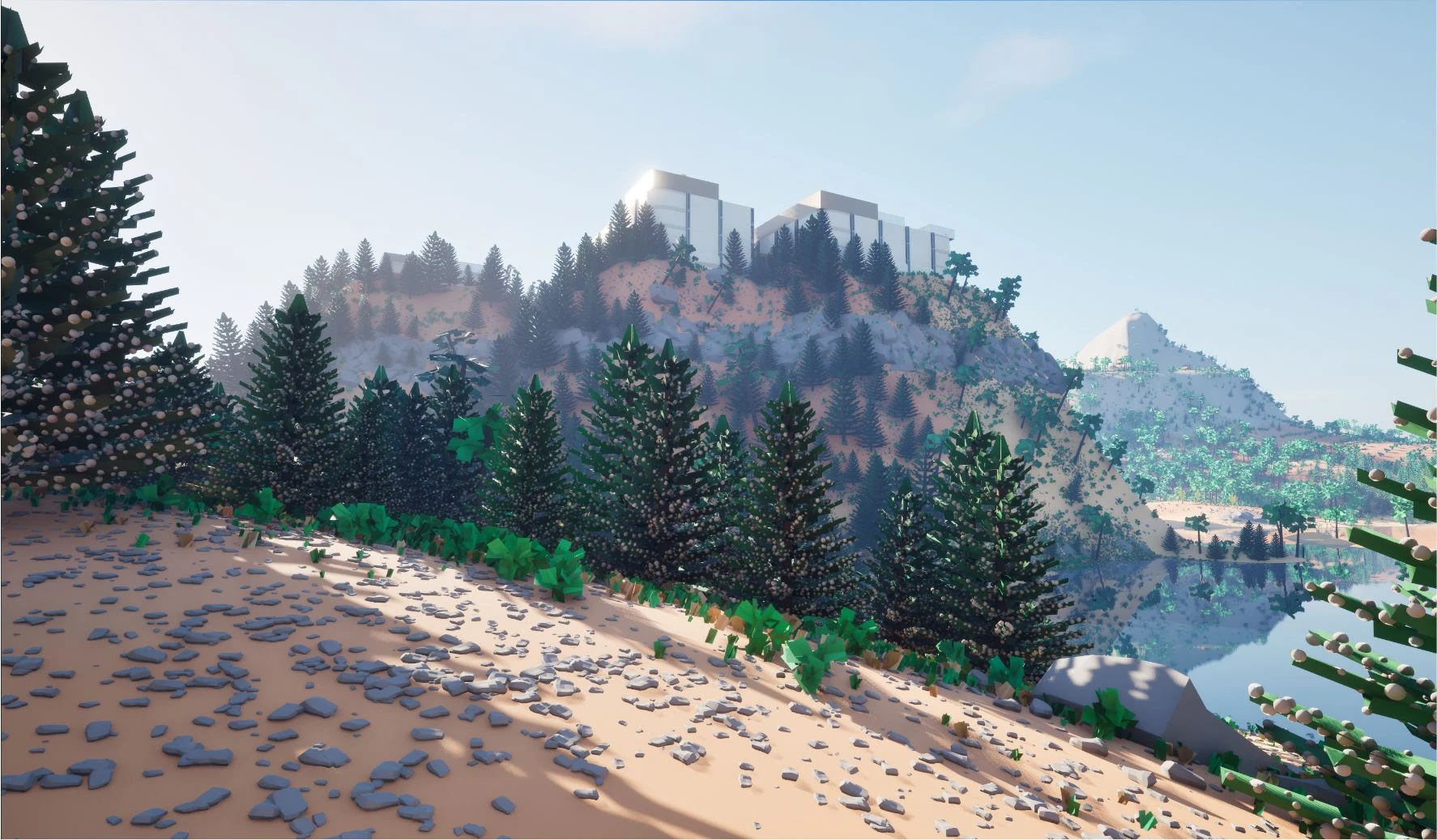 A dungeon built on top of a forested mountain, with the landscape shaped and painted around it