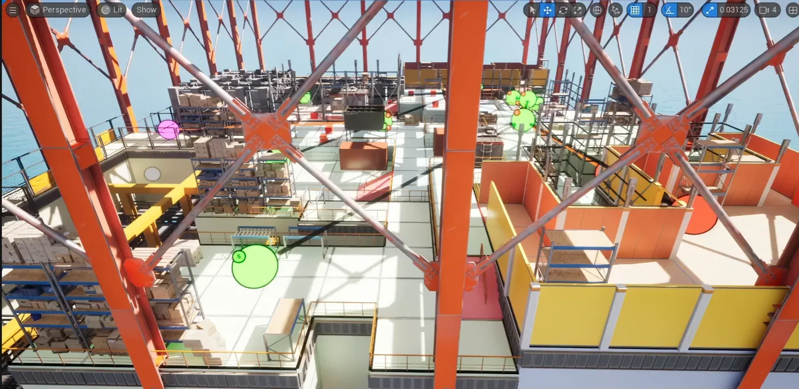 The same layout dressed by the theme: steel frames, railings, shelves and crates