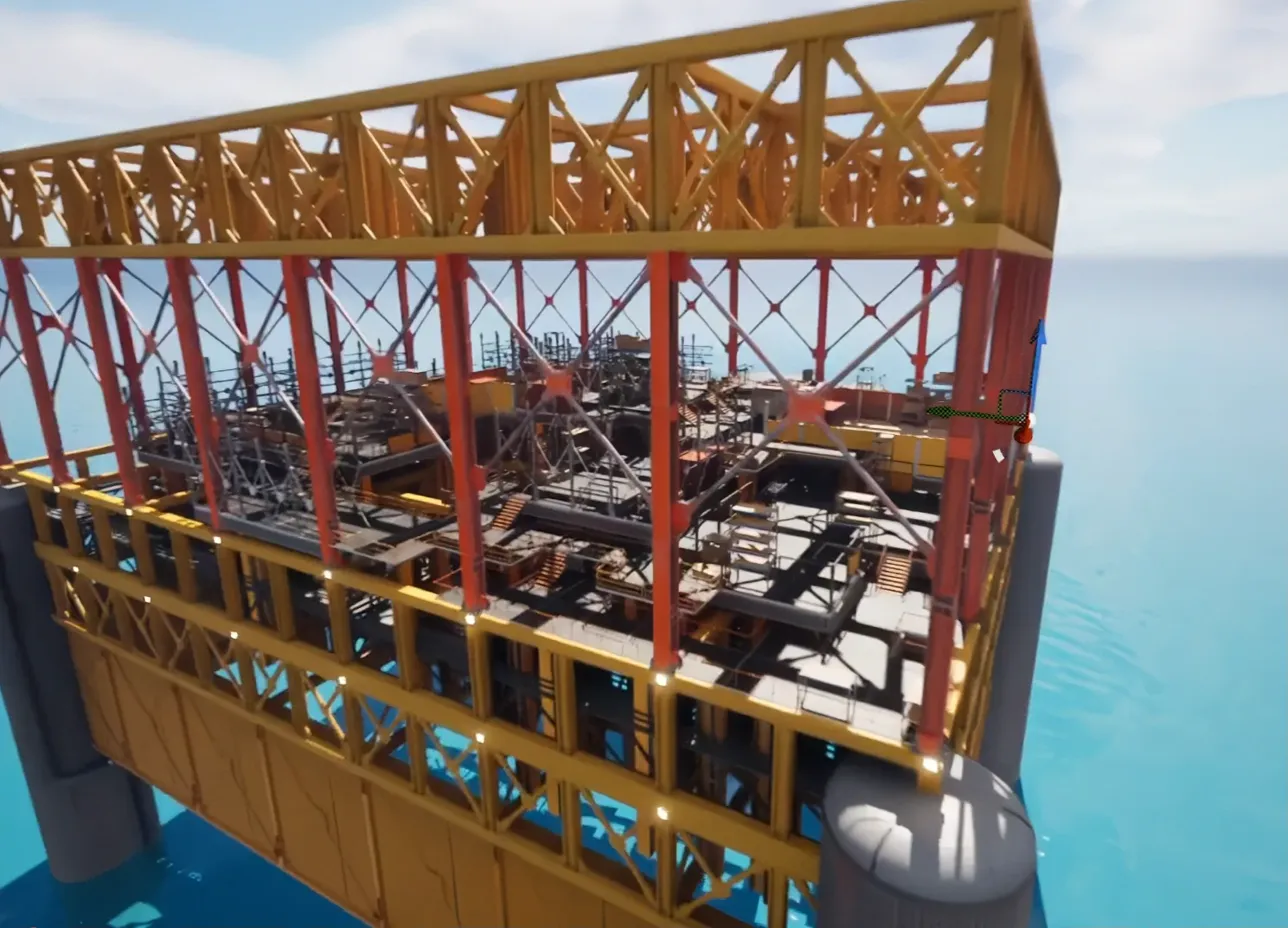 The whole oil rig from outside, standing in the ocean