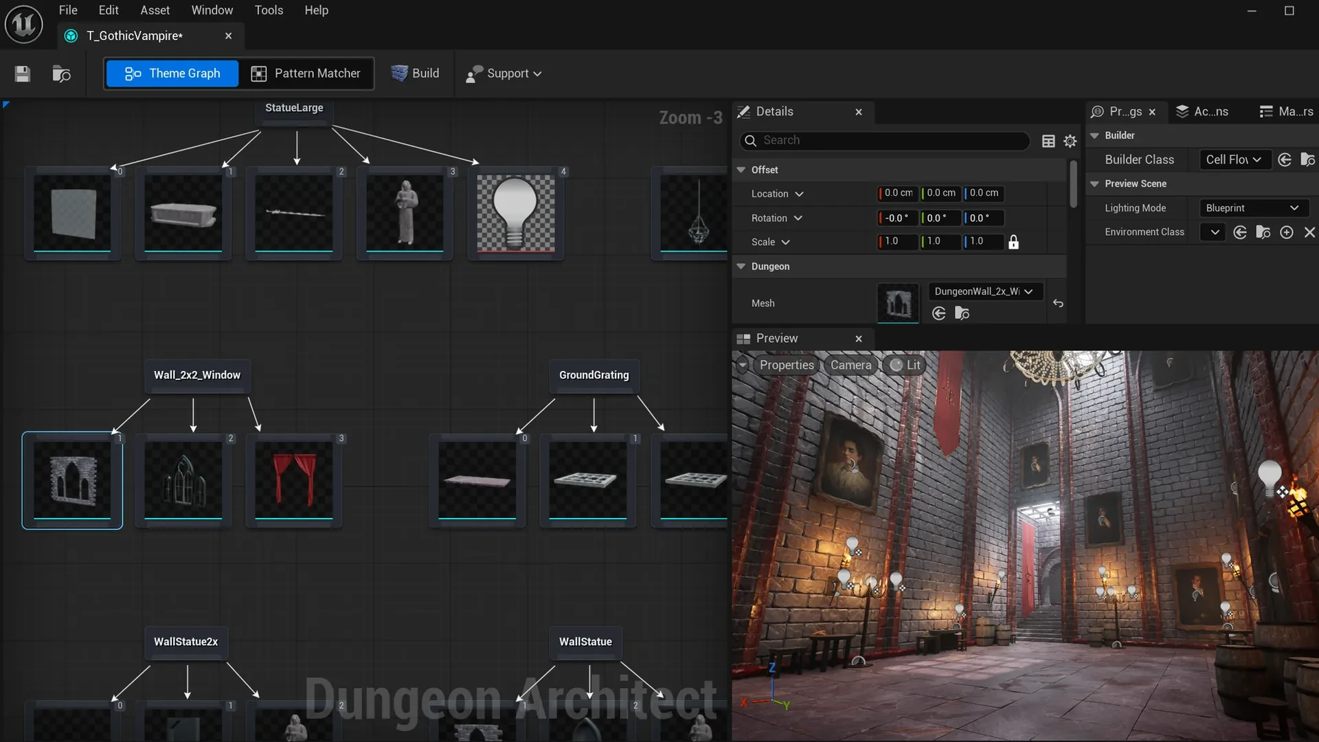 The theme editor with the gothic theme open: marker nodes such as StatueLarge, Wall_2x2_Window and GroundGrating with their meshes on the left, and a lit gothic hall in the preview on the right