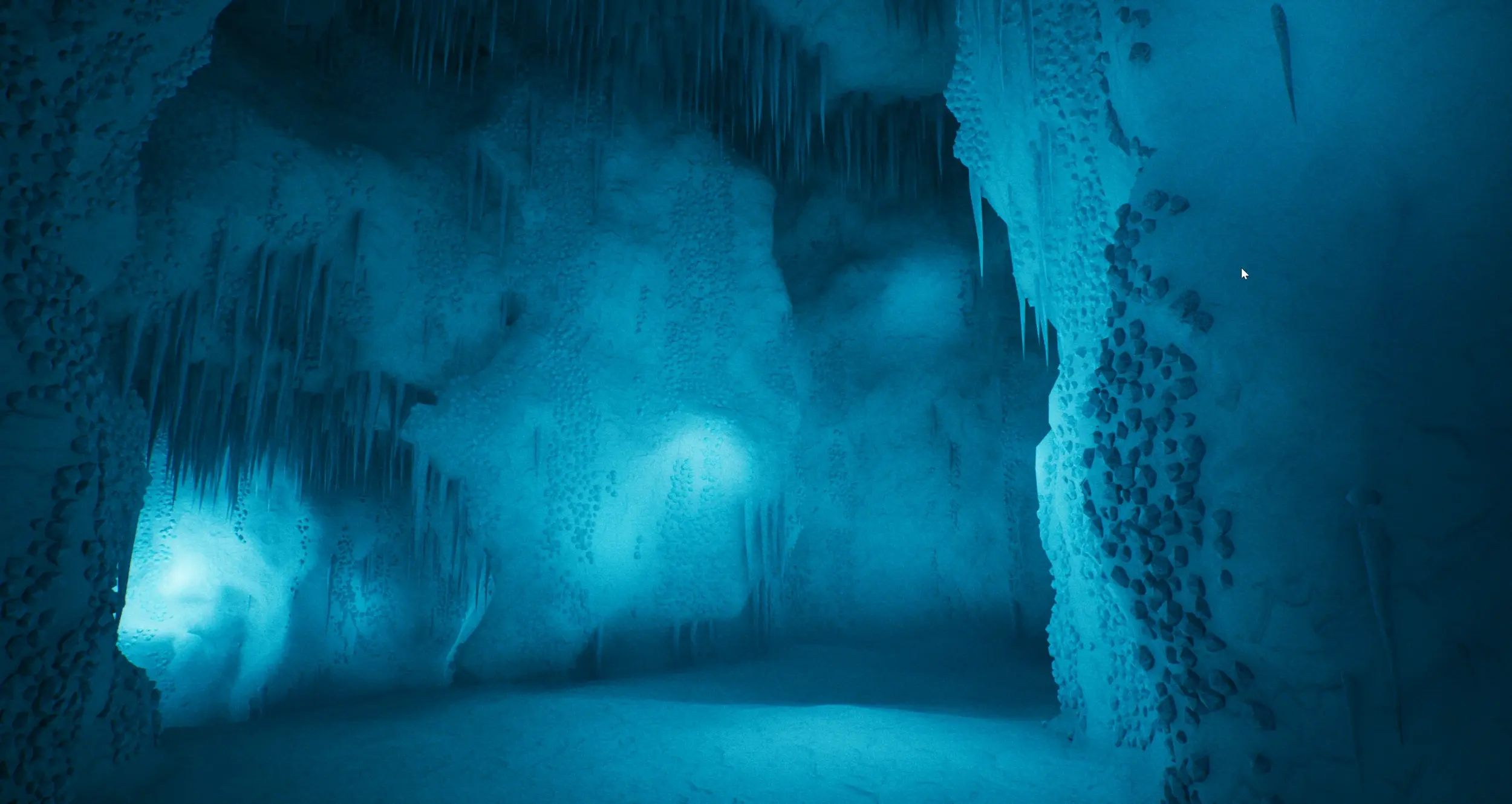 A blue voxel ice cave with icicles hanging from the ceiling