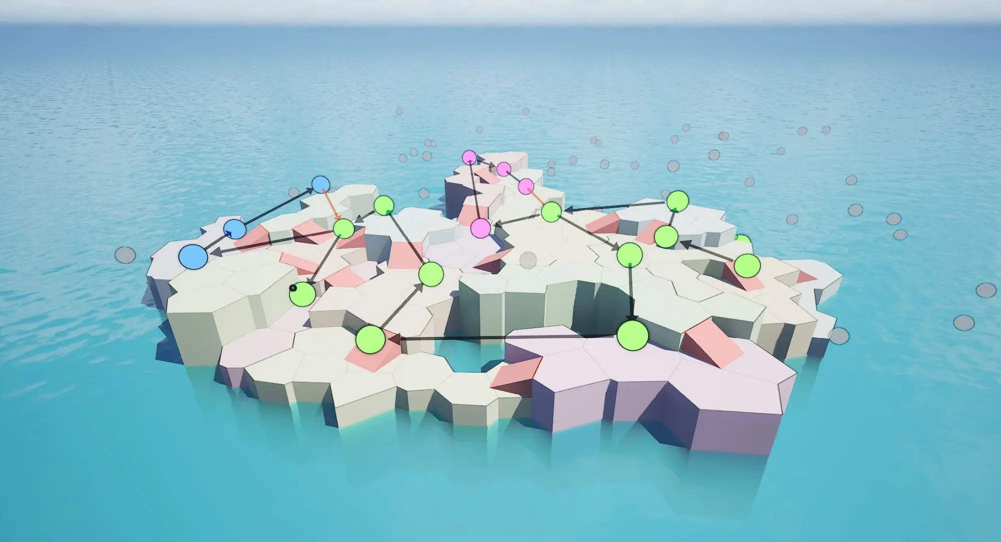 A Cell Flow layout on Voronoi cells shaped as an island, with rooms at different heights joined by stairs and the paths drawn on top