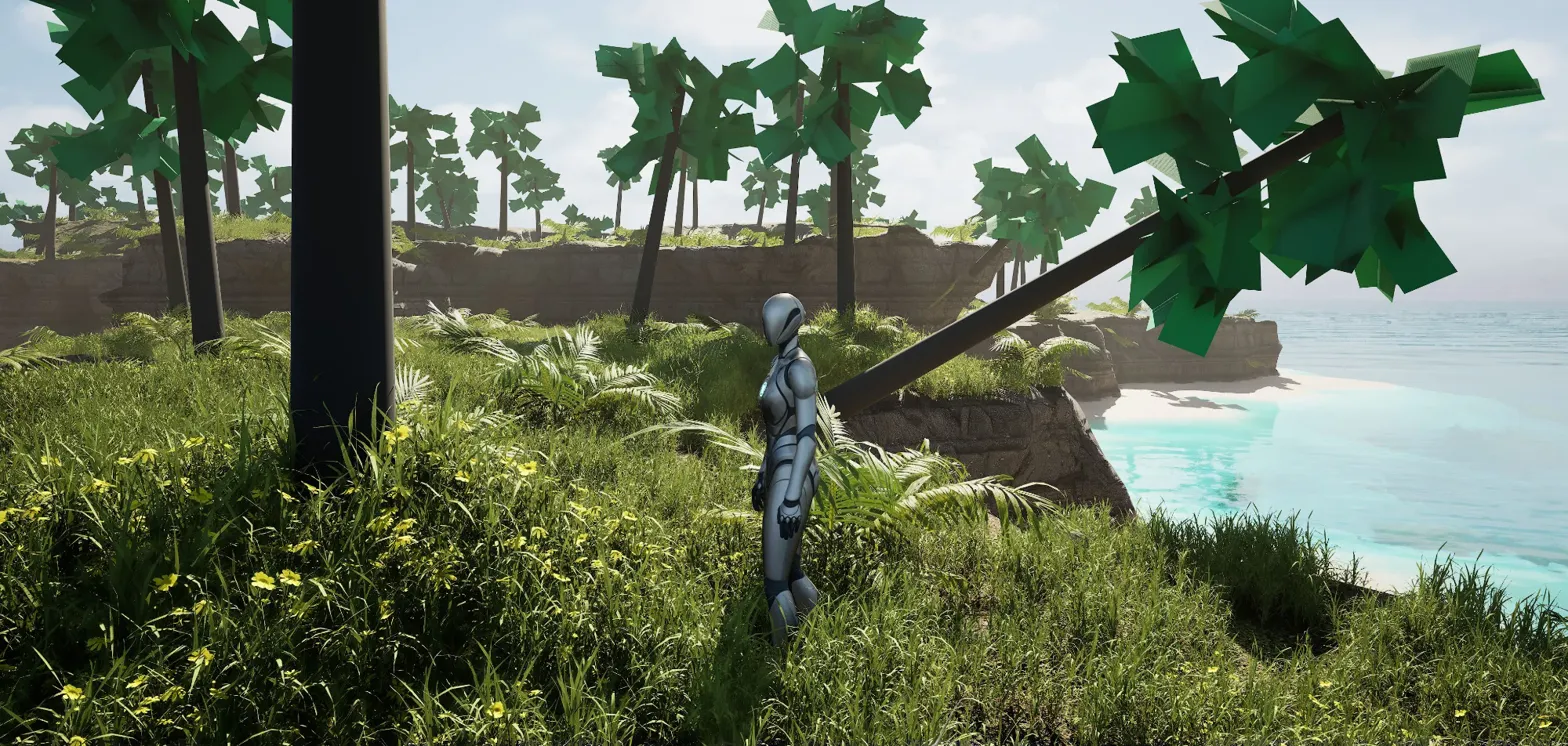 A character standing on the grassy top of the voxel island, with cliffs, palm trees and a beach behind