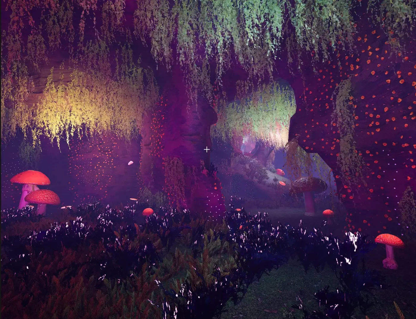 A voxel cave with mushrooms and plants scattered by PCG